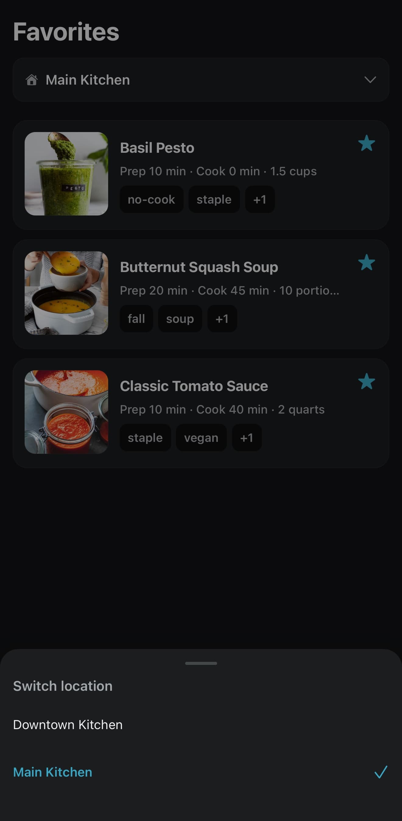 The location switcher open on a phone, listing Downtown Kitchen and Main Kitchen with the current location checked, above that location’s recipes.