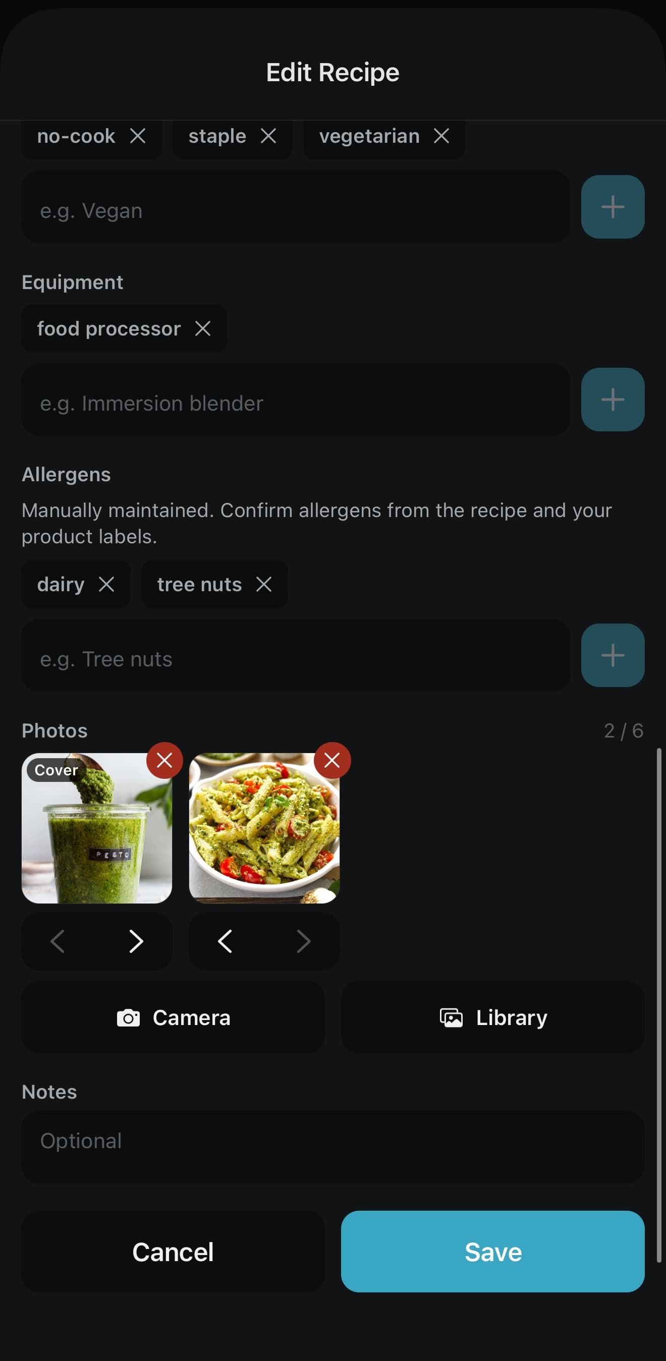A manager editing a recipe, adding tags, equipment, allergens, and photos, with Cancel and Save actions that read-only staff never see.