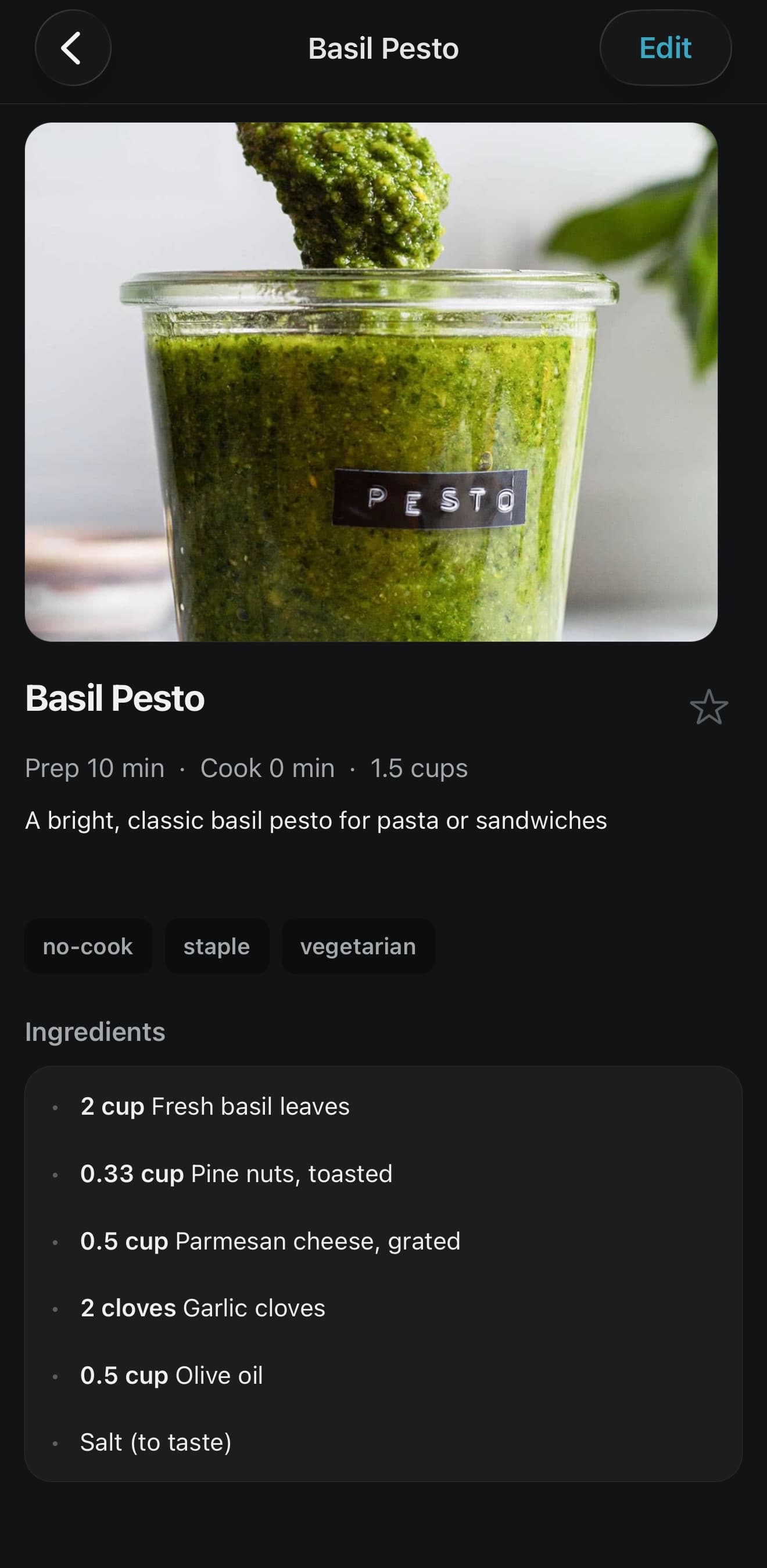 A recipe open in PrepBoard on a phone, showing its photo, prep and cook times, yield, tags, and the start of the ingredient list.