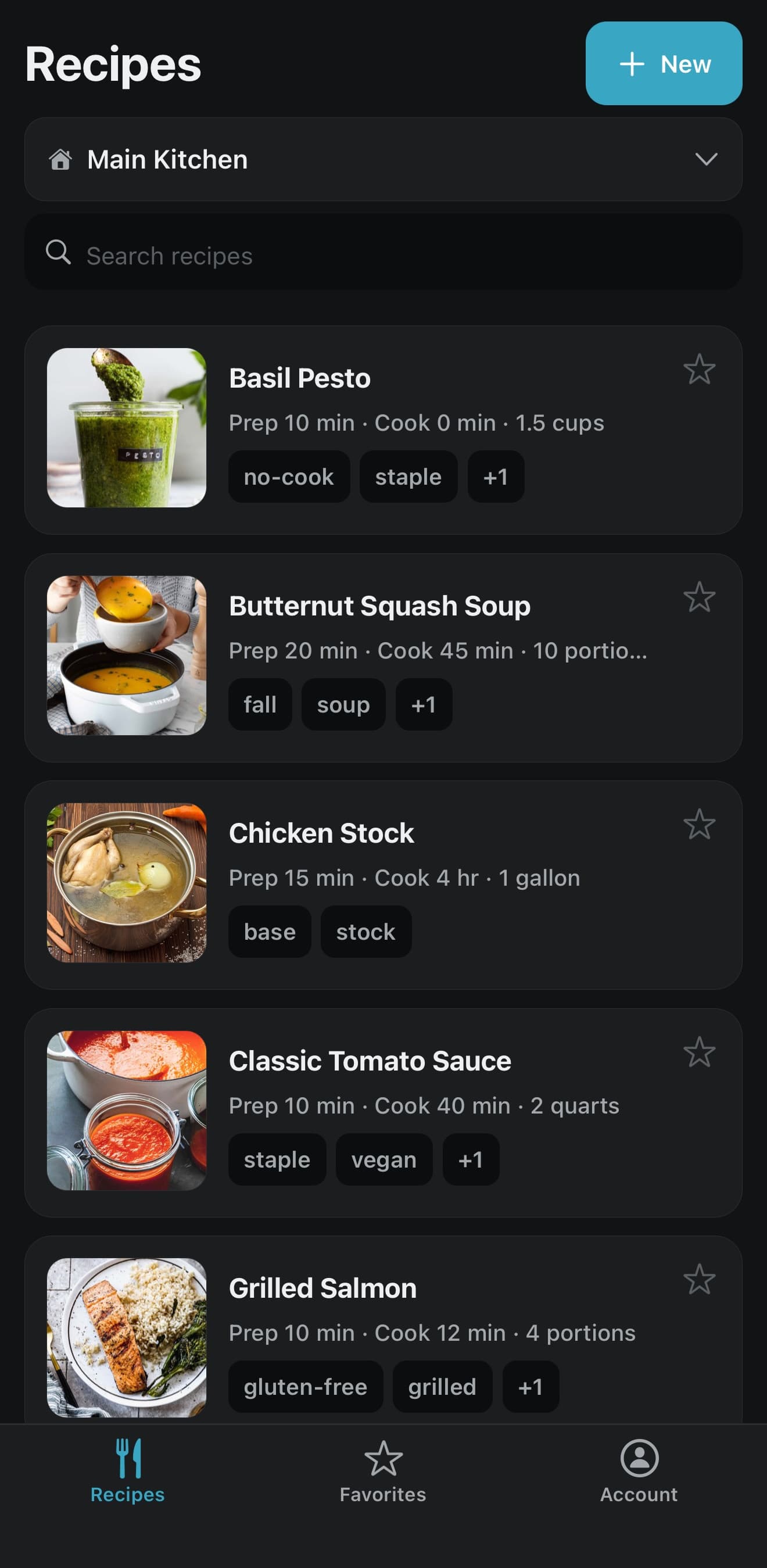 The PrepBoard recipe list on a phone, with a search field above photographed recipe cards showing prep time, cook time, yield, and tags.